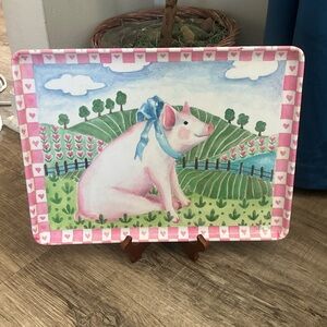Vintage  KELLER CHARLES Pink Pig W/ Hearts Farm 14.5x11 Melamine Tray Italy